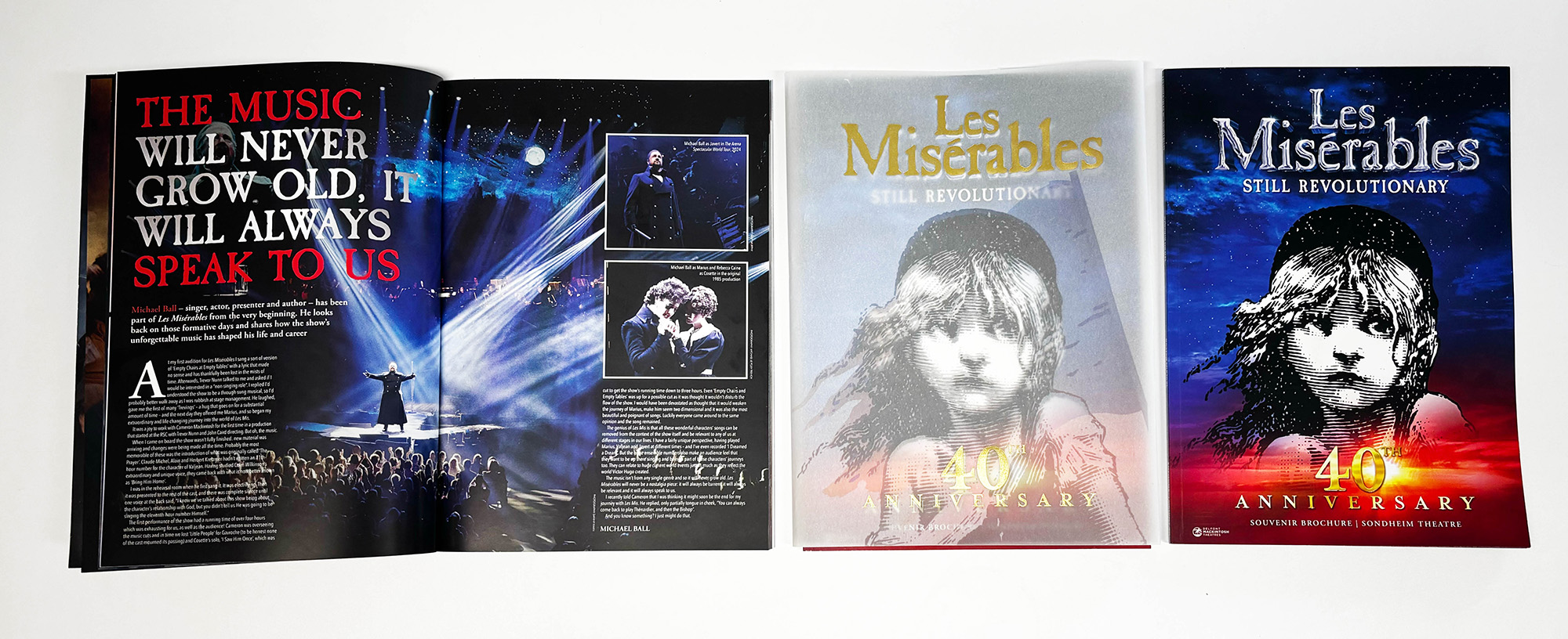 Les Misérables 40th anniversary special A4 souvenir brochure includes high-gloss finishes and an embossed cover with a special gold foiled wrap. Produced on behalf of Cameron Mackintosh Ltd and Delfont Mackintosh Theatres.