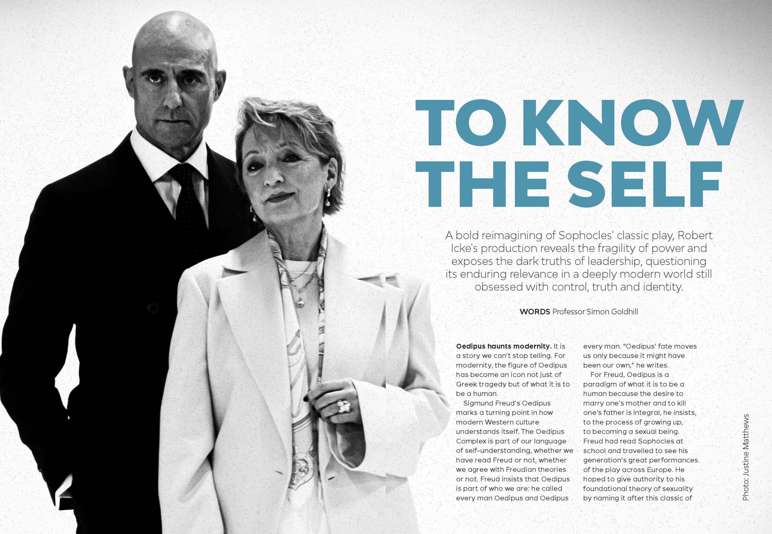 Mark Strong and Lesley Manville in Oedipus, with thought-provoking content curated from eminent professors and psychologists. Programme produced on behalf of Sonia Friedman Productions and Delfont Mackintosh Theatres.